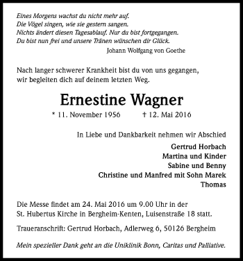 Anzeige von Ernestine Wagner von Kölner Stadt-Anzeiger / Kölnische Rundschau / Express