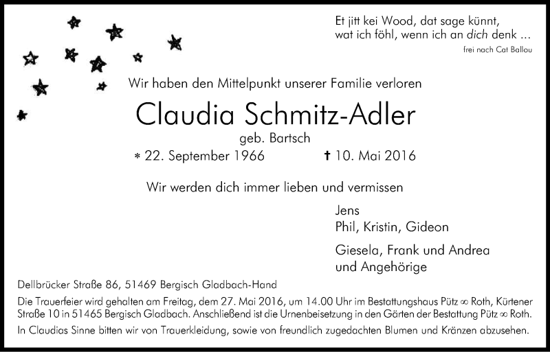  Traueranzeige für Claudia Schmitz-Adler vom 21.05.2016 aus Kölner Stadt-Anzeiger / Kölnische Rundschau / Express