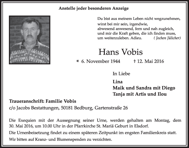  Traueranzeige für Hans Vobis vom 21.05.2016 aus  Sonntags-Post 