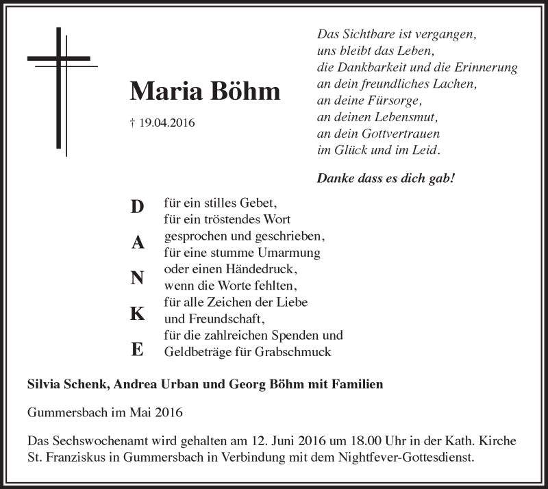  Traueranzeige für Maria Böhm vom 18.05.2016 aus  Anzeigen Echo 