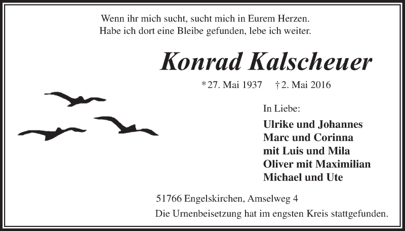  Traueranzeige für Konrad Kalscheuer vom 18.05.2016 aus  Anzeigen Echo 