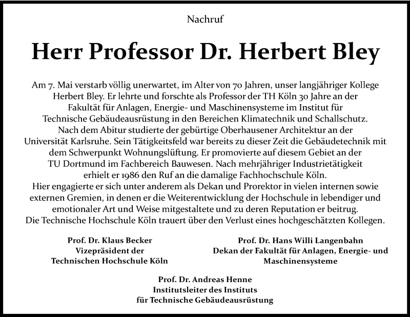  Traueranzeige für Herbert Bley vom 19.05.2016 aus Kölner Stadt-Anzeiger / Kölnische Rundschau / Express