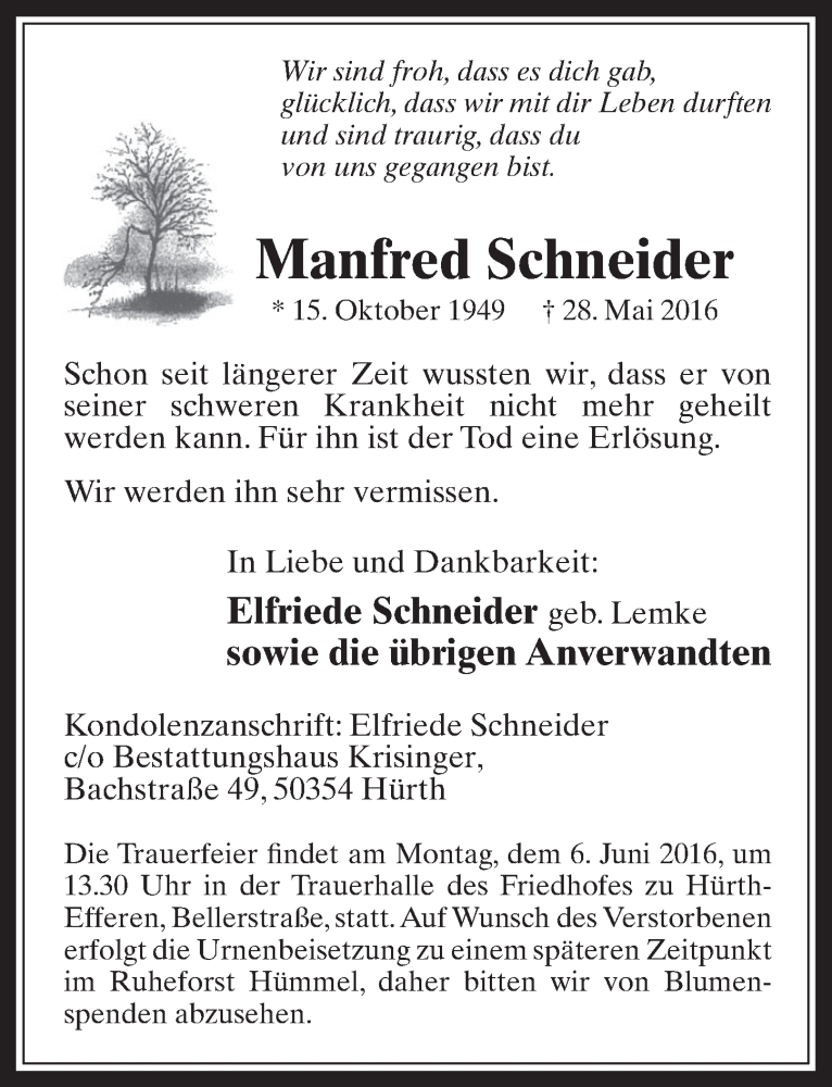  Traueranzeige für Manfred Schneider vom 01.06.2016 aus  Wochenende 