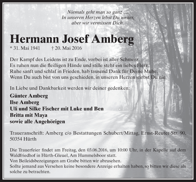  Traueranzeige für Hermann Josef Amberg vom 01.06.2016 aus  Wochenende 