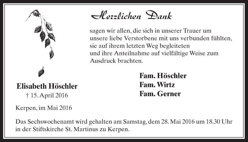  Traueranzeige für Elisabeth Höschler vom 18.05.2016 aus  Werbepost 