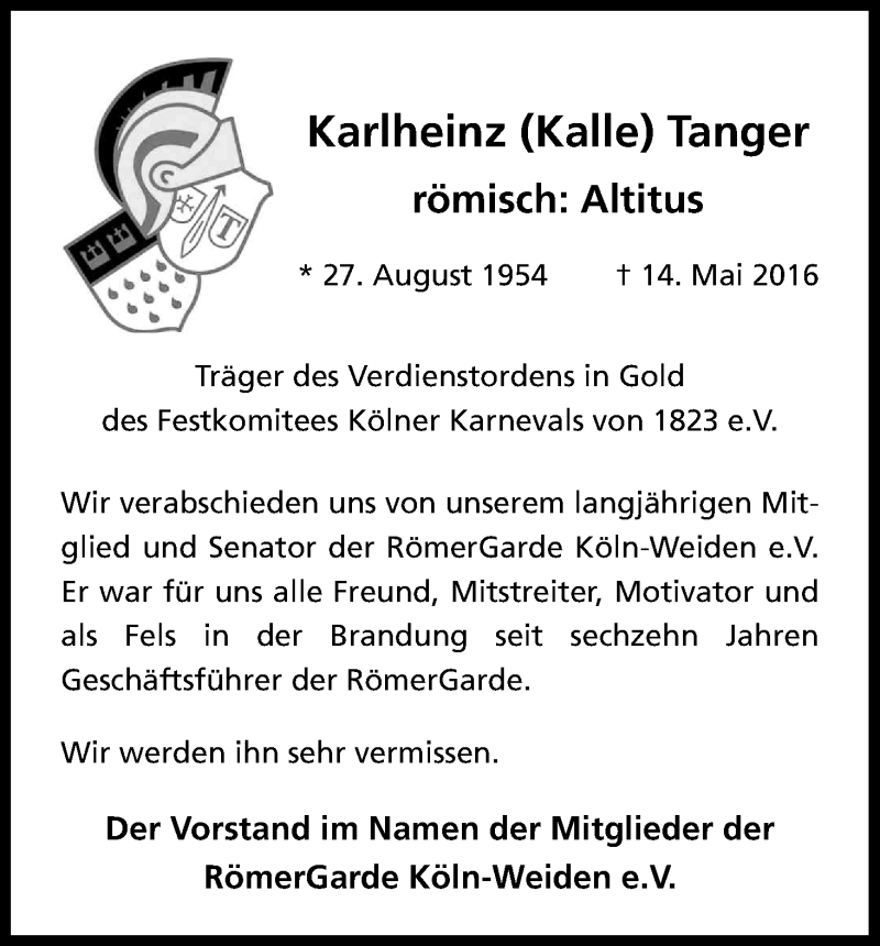  Traueranzeige für Karlheinz Tanger vom 21.05.2016 aus Kölner Stadt-Anzeiger / Kölnische Rundschau / Express