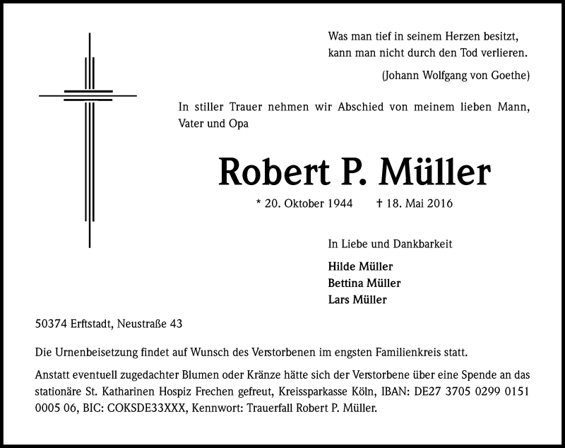  Traueranzeige für Robert P. Müller vom 28.05.2016 aus Kölner Stadt-Anzeiger / Kölnische Rundschau / Express