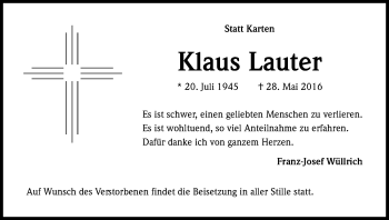 Anzeige von Klaus Lauter von Kölner Stadt-Anzeiger / Kölnische Rundschau / Express