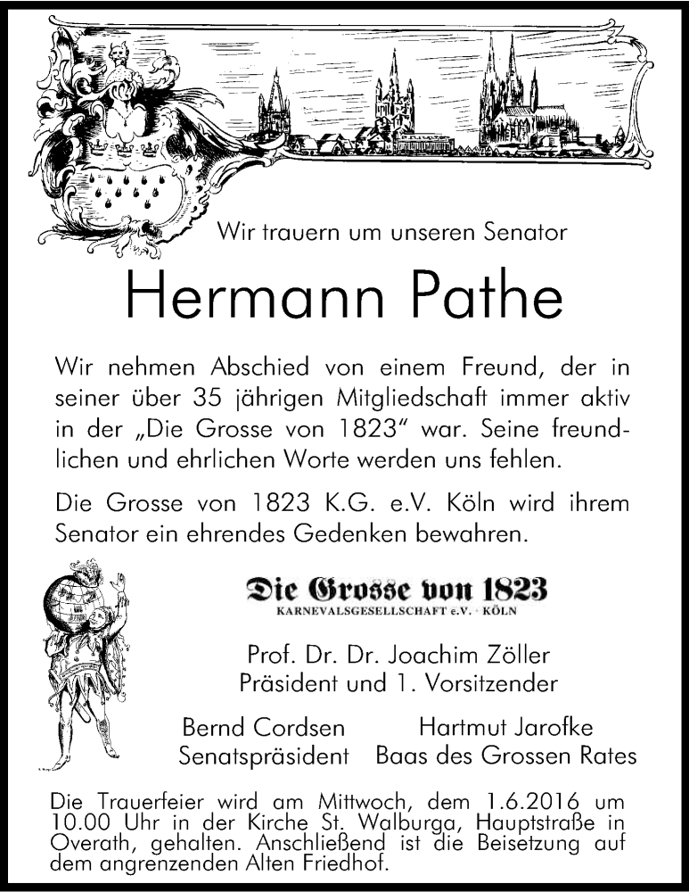  Traueranzeige für Hermann Pathé vom 28.05.2016 aus Kölner Stadt-Anzeiger / Kölnische Rundschau / Express