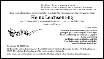 Anzeige von Heinz Leichsenring von Kölner Stadt-Anzeiger / Kölnische Rundschau / Express