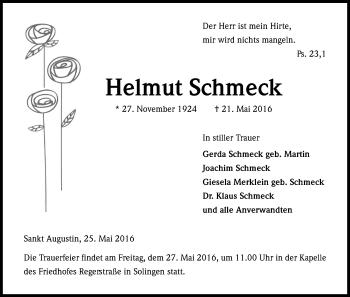 Anzeige von Helmut Schmeck von Kölner Stadt-Anzeiger / Kölnische Rundschau / Express