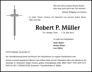 Anzeige von Robert P. Müller von Kölner Stadt-Anzeiger / Kölnische Rundschau / Express