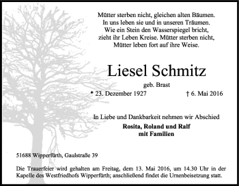Anzeige von Liesel Schmitz von Kölner Stadt-Anzeiger / Kölnische Rundschau / Express