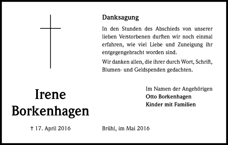  Traueranzeige für Irene Borkenhagen vom 25.05.2016 aus Kölner Stadt-Anzeiger / Kölnische Rundschau / Express