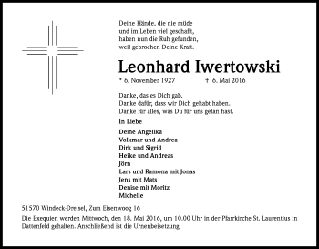 Anzeige von Leonhard Iwertowski von Kölner Stadt-Anzeiger / Kölnische Rundschau / Express