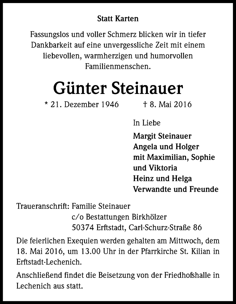  Traueranzeige für Günter Steinauer vom 11.05.2016 aus Kölner Stadt-Anzeiger / Kölnische Rundschau / Express