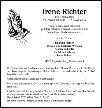 Anzeige von Irene Richter von Kölner Stadt-Anzeiger / Kölnische Rundschau / Express