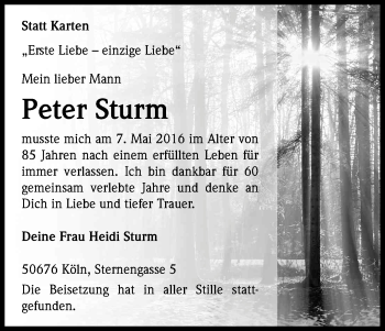 Anzeige von Peter Sturm von Kölner Stadt-Anzeiger / Kölnische Rundschau / Express