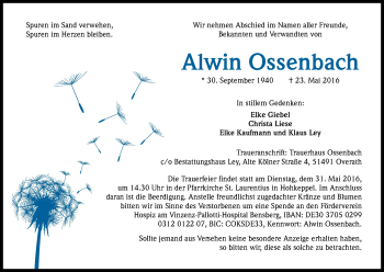 Anzeige von Alwin Ossenbach von Kölner Stadt-Anzeiger / Kölnische Rundschau / Express
