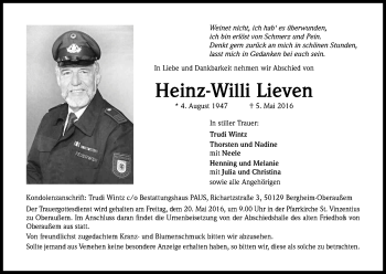 Anzeige von Heinz-Willi Lieven von Kölner Stadt-Anzeiger / Kölnische Rundschau / Express