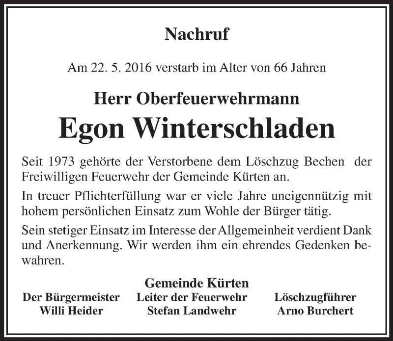  Traueranzeige für Egon Winterschladen vom 01.06.2016 aus  Bergisches Handelsblatt 