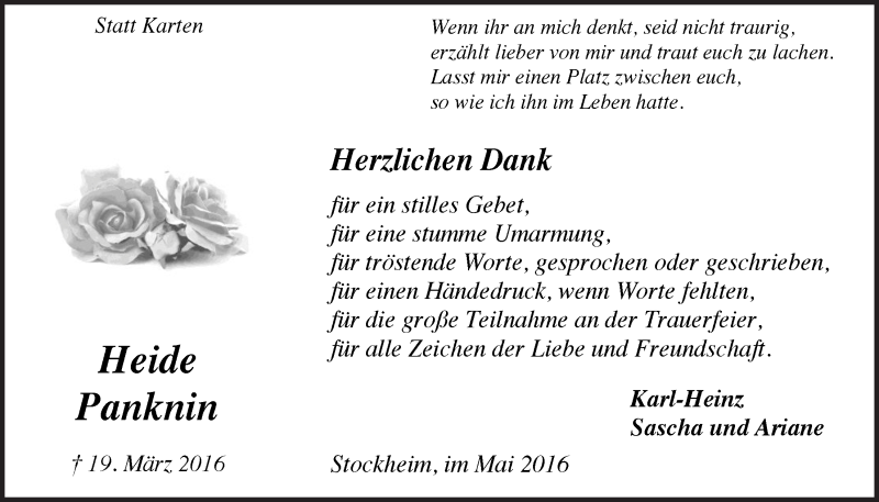  Traueranzeige für Heide Panknin vom 25.05.2016 aus  Anzeigen Echo  Lokalanzeiger 