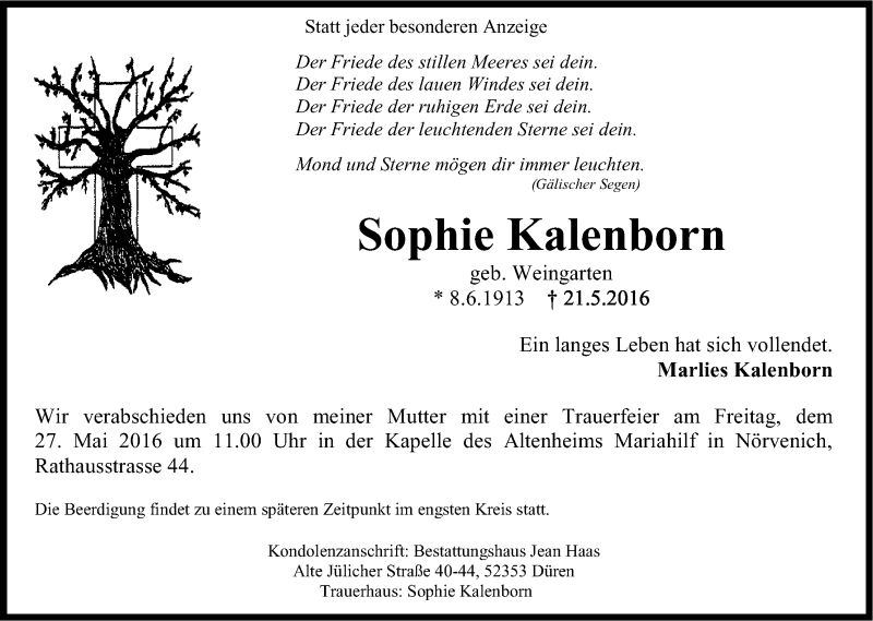  Traueranzeige für Sophie Kalenborn vom 25.05.2016 aus Kölner Stadt-Anzeiger / Kölnische Rundschau / Express