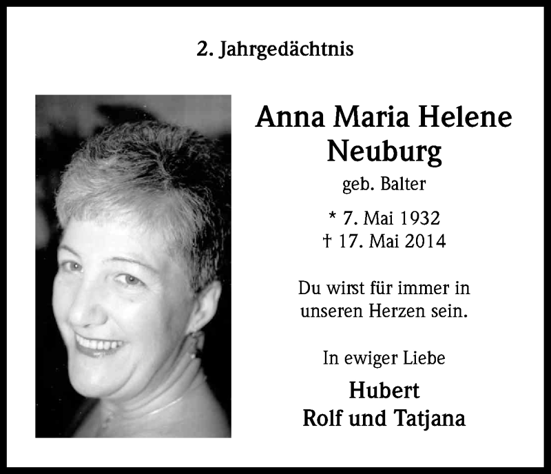  Traueranzeige für Anna Maria Helene Neuburg vom 17.05.2016 aus Kölner Stadt-Anzeiger / Kölnische Rundschau / Express