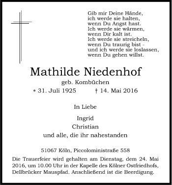Anzeige von Mathilde Niedenhof von Kölner Stadt-Anzeiger / Kölnische Rundschau / Express