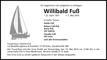 Anzeige von Willibald Fuß von Kölner Stadt-Anzeiger / Kölnische Rundschau / Express