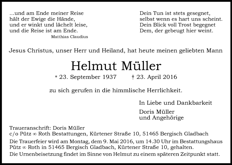  Traueranzeige für Helmut Müller vom 04.05.2016 aus Kölner Stadt-Anzeiger / Kölnische Rundschau / Express
