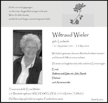 Anzeige von Wiltraud Wieler von Kölner Stadt-Anzeiger / Kölnische Rundschau / Express