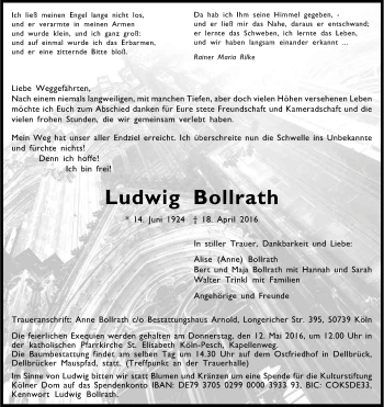 Anzeige von Ludwig Bollrath von Kölner Stadt-Anzeiger / Kölnische Rundschau / Express
