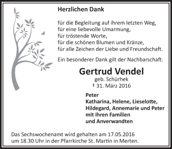 Anzeige von Gertrud Vendel von  Schaufenster/Blickpunkt  Schlossbote/Werbekurier 