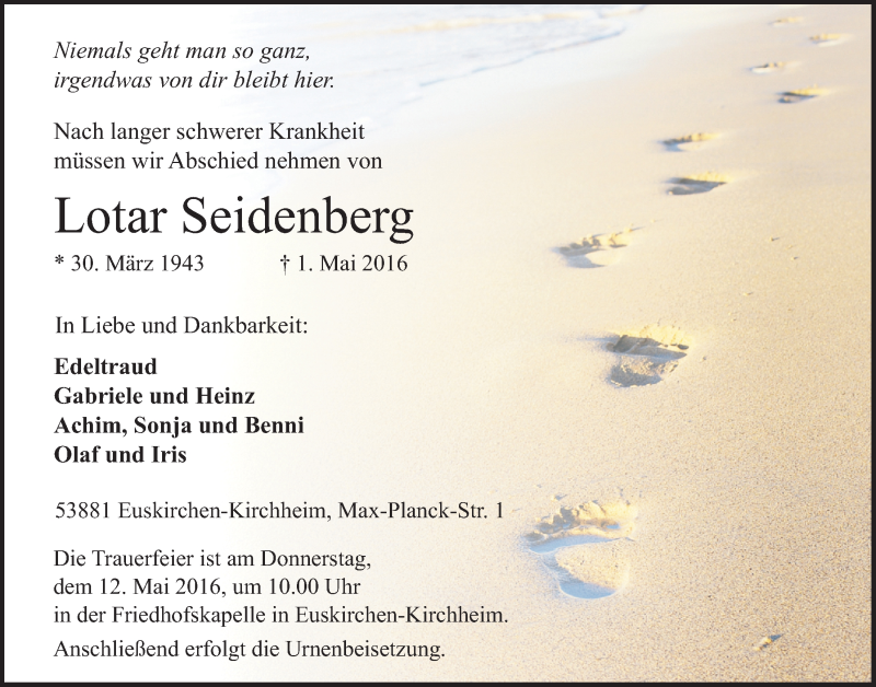 Traueranzeige für Lotar Seidenberg vom 07.05.2016 aus  Blickpunkt Euskirchen 