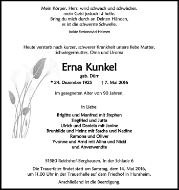 Anzeige von Erna Kunkel von Kölner Stadt-Anzeiger / Kölnische Rundschau / Express