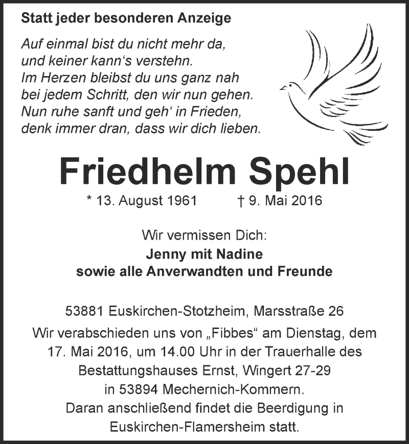  Traueranzeige für Friedhelm Spehl vom 14.05.2016 aus  Blickpunkt Euskirchen  Sonntags-Post 