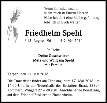 Anzeige von Friedhelm Spehl von Kölner Stadt-Anzeiger / Kölnische Rundschau / Express