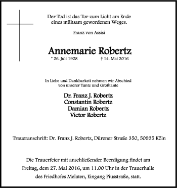Anzeige von Annemarie Robertz von Kölner Stadt-Anzeiger / Kölnische Rundschau / Express