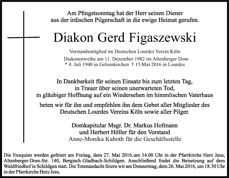  Traueranzeige für Gerd Figaszewski vom 21.05.2016 aus Kölner Stadt-Anzeiger / Kölnische Rundschau / Express