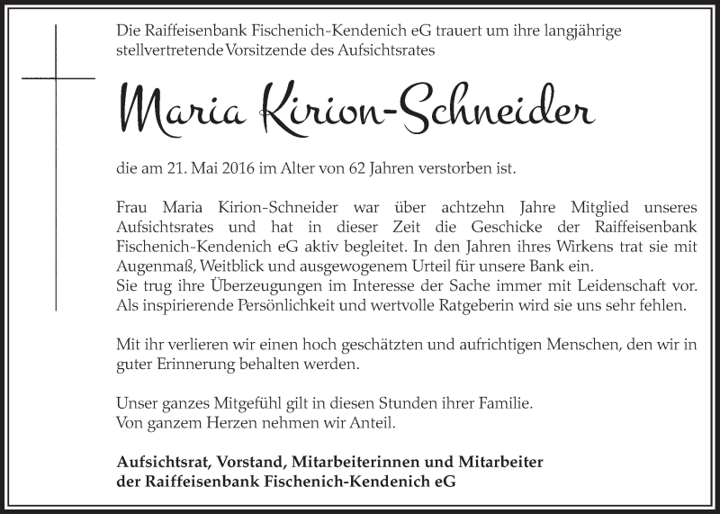  Traueranzeige für Maria Kirion-Schneider vom 28.05.2016 aus  Sonntags-Post 