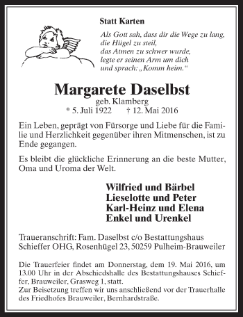 Anzeige von Margarete Daselbst von  Wochenende 
