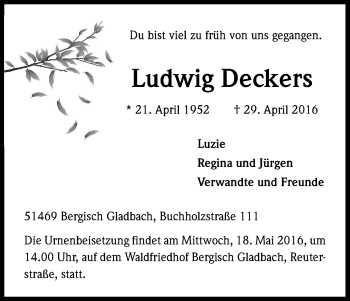 Anzeige von Ludwig Deckers von Kölner Stadt-Anzeiger / Kölnische Rundschau / Express