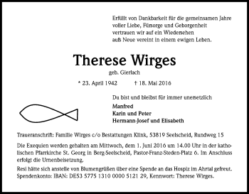 Anzeige von Therese Wirges von Kölner Stadt-Anzeiger / Kölnische Rundschau / Express