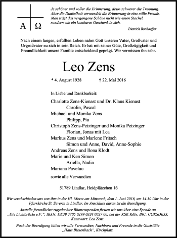Anzeige von Leo Zens von Kölner Stadt-Anzeiger / Kölnische Rundschau / Express