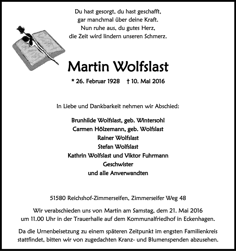 Traueranzeige für Martin Wolfslast vom 14.05.2016 aus Kölner Stadt-Anzeiger / Kölnische Rundschau / Express