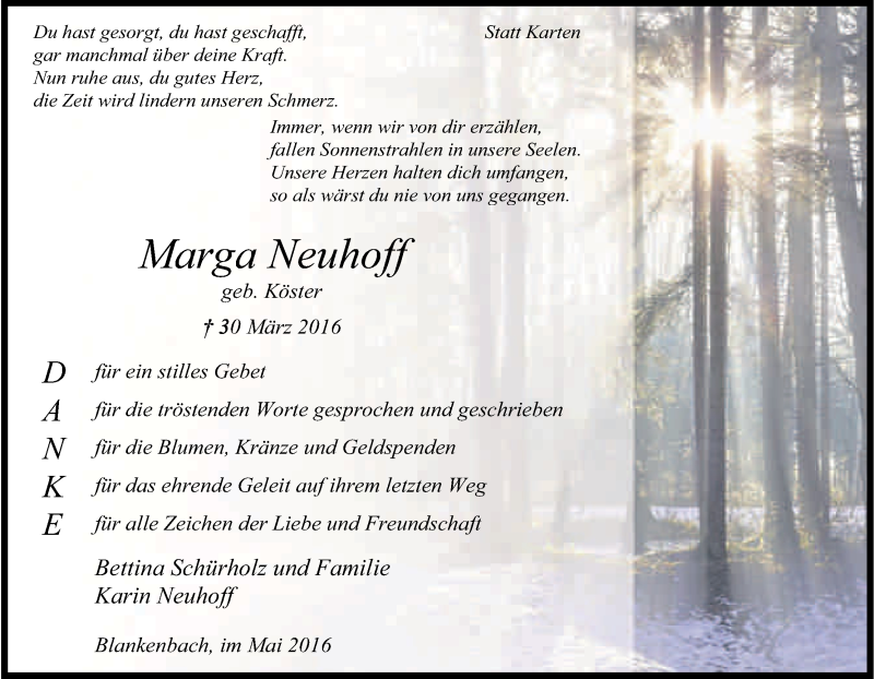  Traueranzeige für Marga Neuhoff vom 14.05.2016 aus Kölner Stadt-Anzeiger / Kölnische Rundschau / Express