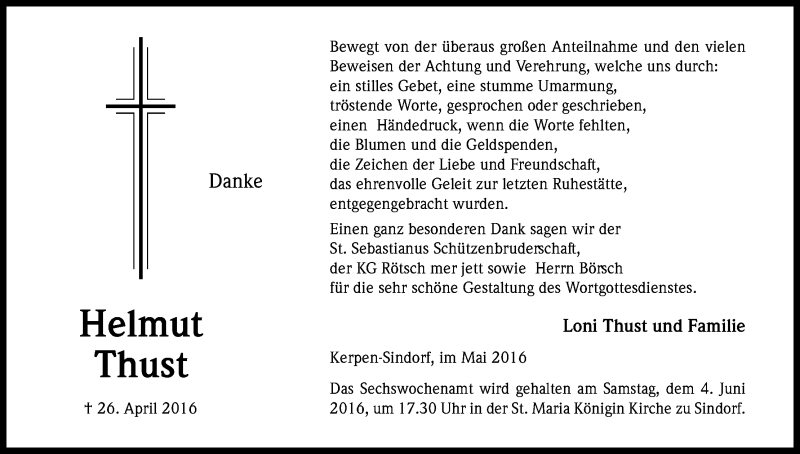  Traueranzeige für Helmut Thust vom 28.05.2016 aus Kölner Stadt-Anzeiger / Kölnische Rundschau / Express