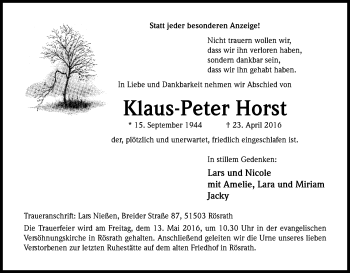 Anzeige von Klaus-Peter Horst von Kölner Stadt-Anzeiger / Kölnische Rundschau / Express
