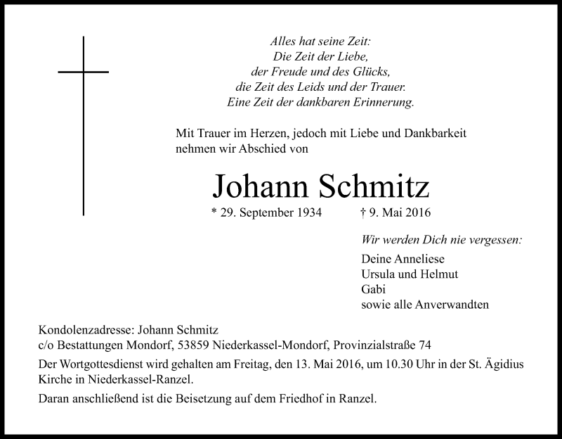  Traueranzeige für Johann Schmitz vom 11.05.2016 aus Kölner Stadt-Anzeiger / Kölnische Rundschau / Express